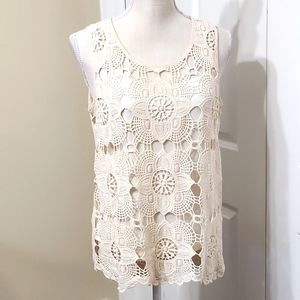 ADIVA SLEEVLESS LACE CROCHET OVERLAY BEIGE TOP Sz M IN GREAT CONDITION